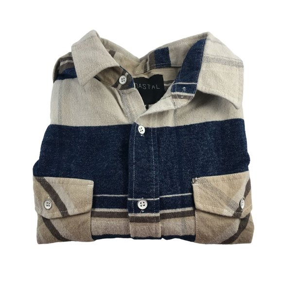 COASTAL BLUE/KHAKI/BROWN/CREAM FLANNEL LONG SLEEVE BUTTON UP SHIRT MENS SIZE MED - Picture 3 of 4